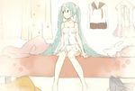 aqua_hair bangs barefoot bedroom blush closed_mouth curtains hair_between_eyes hatsune_miku indoors long_hair looking_to_the_side on_bed sitting sketch sleepwear solo stuffed_animal stuffed_bunny stuffed_toy tanaka_(colorcorn) twintails very_long_hair vocaloid window 