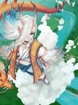  barefoot black_sclera cloud crossed_arms dragon eastern_dragon from_above horn ichimokuren_(onmyoji) jewelry male_focus nail_polish necklace onmyoji pale_skin pointy_ears red_eyes red_nails river rorira solo standing white_hair 