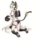  1girl alma01 animal_ears ass backpack bag bangs black_buruma black_legwear blush bow buruma cat_ear_headphones cat_ears cat_girl cat_tail character_name commentary_request eyebrows_visible_through_hair full_body girls_frontline gloves green_bow green_eyes gym_shirt gym_uniform hair_between_eyes headphones highres kneehighs kneeling light_brown_hair long_hair looking_at_viewer looking_back no_shoes parted_lips paw_gloves paws randoseru shirt short_sleeves simple_background soles solo tail tail_bow tail_raised tears tmp_(girls_frontline) very_long_hair white_background white_shirt 