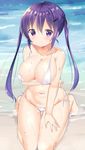  alternate_breast_size areola_slip areolae beach bikini breasts collarbone day embarrassed full_body gochuumon_wa_usagi_desu_ka? hair_ornament hairclip hands kurou_(quadruple_zero) large_breasts long_hair looking_at_viewer midriff navel partially_submerged purple_eyes purple_hair shirt sitting smile solo stomach swimsuit tedeza_rize twintails wet wet_clothes wet_shirt white_bikini 