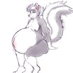  2014 anthro arm_support belly big_belly black_fur blue_eyes fluffy fluffy_tail fur long_tail male male_pregnancy mammal moobs navel nude pregnant primeval_instinct simple_background sitting skunk white_background white_fur 