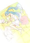 aqua_hair barefoot blush book closed_eyes closed_mouth hatsune_miku long_hair lying notebook on_bed on_side open_book pillow sketch sleeping solo stuffed_animal stuffed_bunny stuffed_toy tanaka_(colorcorn) twintails vocaloid 