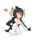  ;d bangs black_hair blush breasts cleavage collarbone cowlick cropped_legs eyebrows_visible_through_hair hair_between_eyes hand_on_hip highlights hood hoodie kemono_friends leaning_forward looking_at_viewer medium_breasts multicolored_hair one_eye_closed open_mouth red_hair rockhopper_penguin_(kemono_friends) sidelocks simple_background smile solo tail tanaka_(colorcorn) twintails v-shaped_eyebrows white_background 