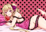  1girl :o apple armpit_crease bangs bare_shoulders barefoot blonde_hair blush breasts cleavage collarbone eyebrows_visible_through_hair food frilled_panties frilled_shirt frills fruit groin hair_ribbon holding holding_food holding_fruit leg_up lingerie long_hair looking_at_viewer lying medium_breasts nijisanji on_stomach open_mouth panties pillow pink_panties pink_shirt polka_dot polka_dot_background purple_eyes purple_ribbon ribbon romeo_to_cinderella_(vocaloid) shirt sidelocks solo strap_slip takamiya_rion thighs two_side_up underwear upper_teeth virtual_youtuber yukishiro_arute 