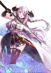  black_gloves black_legwear blue_eyes blush braid breasts coat contrapposto draph fingerless_gloves gloves granblue_fantasy hair_ornament hair_over_one_eye holding holding_sword holding_weapon horns katana large_breasts long_hair looking_at_viewer mismatched_legwear narmaya_(granblue_fantasy) parted_lips pointy_ears purple_hair sheath solo standing sword tanaka_(colorcorn) tareme thigh_strap thighhighs thighs unsheathed weapon zettai_ryouiki 