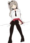  bangs black_legwear blouse closed_mouth cowlick eyebrows_visible_through_hair frills grey_hair knees_together_feet_apart long_hair long_sleeves looking_at_viewer love_live! love_live!_school_idol_project minami_kotori one_side_up red_skirt simple_background skirt solo tanaka_(colorcorn) tareme thighhighs white_background white_blouse yellow_eyes 