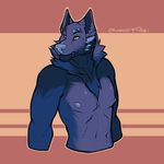  2017 angry anthro athletic blue_fur canine chest_tuft clothed clothing dragon fur gulf hybrid male mammal mane nipples rokemi simple_background solo standing topless tuft waist_up wolf yellow_eyes 