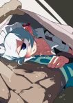  1boy 1girl blue_hair blush cyclops lying_on_person maid_headdress one-eyed original pov pov_eye_contact sweat tomatojam under_covers 