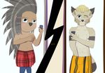  2017 anthro ash_(sing) blue_eyes blush breasts clothed clothing digital_media_(artwork) eyelashes feline female fur hair half_naked high_diffference looking_at_viewer lynx male mammal nipples nude patt_(waver-ring) phone porcupine rodent selfie shower simple_background sing_(movie) size_difference smile spikes standing towel waver-ring wet wet_fur 