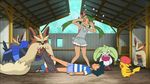  animated animated_gif blush green_hair mao_(pokemon) pikachu pokemon pokemon_(anime) pokemon_sm pokemon_sm_(anime) satoshi_(pokemon) steenee stoutland 