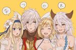  3girls ahoge animal_ears bare_shoulders blonde_hair blue_eyes braid chabo213 closed_eyes djeeta_(granblue_fantasy) flower gloves granblue_fantasy green_eyes hair_flower hair_ornament hairband heles jeanne_d'arc_(granblue_fantasy) lucifer_(shingeki_no_bahamut) multiple_girls silver_hair v white_background 