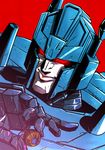  80s decepticon glowing glowing_eyes holding ichira-san machinery mecha no_humans oldschool overlord_(idw) overlord_(transformers) red_background red_eyes robot solo the_transformers_(idw) transformers upper_body 