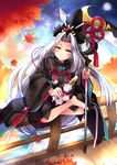  absurdly_long_hair androgynous autumn_leaves barefoot black_hat doll hat highres japanese_clothes kurodouji liymm long_hair looking_at_viewer male_focus moon onmyoji outdoors sickle sitting sitting_on_railing solo very_long_hair white_hair wide_sleeves 