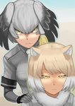  animal_ears bangs black_gloves black_hair blonde_hair breasts commentary eyebrows_visible_through_hair fox_ears fur_collar gloves grey_hair grey_shirt hair_between_eyes head_wings kemono_friends long_hair looking_at_viewer low_ponytail medium_breasts multicolored_hair multiple_girls necktie sengoku_esuji shirt shoebill_(kemono_friends) short_hair short_sleeves side_ponytail staring tibetan_sand_fox_(kemono_friends) two-tone_hair white_hair white_neckwear yellow_eyes 