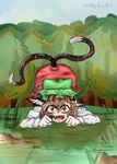  :d animal_ears brown_eyes brown_hair cat_ears chen forest green_hat hat milkyteaart multiple_tails nature open_mouth self_upload smile tail touhou two_tails yellow_eyes 