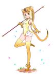  animal_ears anklet blonde_hair bracelet brown_hair brown_legwear circlet closed_mouth elbow_gloves frills from_side full_body gloves golden_snub-nosed_monkey_(kemono_friends) gradient_hair grass high_ponytail holding holding_staff jewelry kemono_friends knee_up leotard long_hair looking_at_viewer monkey_ears monkey_tail multicolored_hair ponytail sidelocks simple_background smile solo staff standing tail tanaka_(colorcorn) thighhighs white_background yellow_gloves yellow_legwear yellow_leotard 
