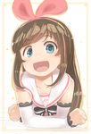  a.i._channel black_ribbon blue_eyes blush brown_hair collarbone detached_sleeves eyebrows_visible_through_hair hairband highres kizuna_ai long_hair long_sleeves looking_at_viewer monosenbei open_mouth ribbon smile solo upper_body virtual_youtuber 