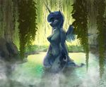  2015 anthro anthrofied areola bathing blindcoyote blue_areola blue_feathers blue_nipples blue_skin breasts cutie_mark detailed_background equine feathered_wings feathers female friendship_is_magic glacierclear grass hair half-closed_eyes horn hot_spring long_hair looking_at_viewer mammal my_little_pony nature nipples nude outside princess_luna_(mlp) solo steam tree water willow_tree winged_unicorn wings 