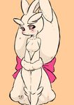  1girl animal_ears artist_request black_sclera blush bow breasts bunny_ears collarbone covering_crotch embarrassed hands_together looking_away lopunny medium_breasts monochrome no_nipples orange_background pink_bow pink_eyes pokemon pokemon_(creature) pokemon_dppt signature simple_background solo spot_color standing text thigh_gap 
