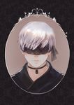  absurdres backpack bag bangs black_blindfold black_choker black_jacket blindfold choker closed_mouth covered_eyes facing_viewer fuwaffy highres jacket lace lace-trimmed_blindfold lace_trim lips male_focus nier_(series) nier_automata nose pink_lips portrait silver_hair solo strap yorha_no._9_type_s 