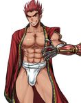  1boy abs bara bulge crotch muscle red_hair smile solo teeth tokisige undressing 