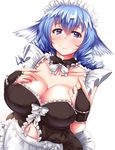  :&gt; alternate_costume apron bangs black_dress blue_eyes blue_hair blush breasts bridal_gauntlets cleavage closed_mouth collarbone detached_collar dress enmaided frills hair_between_eyes head_fins highres large_breasts looking_at_viewer maid maid_headdress mermaid monster_girl navel ringlets simple_background smile solo touhou upper_body waist_apron wakasagihime white_background zan_(harukahime) 