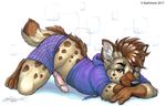  anthro barefoot brown_eyes brown_hair clothed clothing digitigrade fur grey_fur hair hoodie hyena invalid_color kashmere male mammal penis simple_background solo 