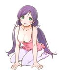  blush breasts cleavage eyebrows_visible_through_hair frilled_leotard frills green_eyes hair_ornament hair_scrunchie large_breasts leotard long_hair looking_at_viewer love_live! love_live!_school_idol_project low_twintails pantyhose parted_lips pink_leotard purple_legwear scrunchie simple_background sitting smile solo tanaka_(colorcorn) tareme toujou_nozomi twintails white_background 