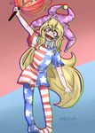  american_flag_dress blonde_hair clownpiece hat milkyteaart open_mouth pantyhose pink_eyes pink_hat self_upload smile touhou 