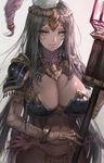  black_hair breasts circlet dark_skin fate/grand_order fate_(series) hisahisahisahisa jewelry large_breasts long_hair looking_at_viewer scheherazade_(fate/grand_order) simple_background solo veil very_long_hair 