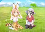  animal_ears backpack bag bangs black_eyes black_gloves black_hair black_legwear blonde_hair blurry bow bowtie brown_footwear circle_name closed_mouth commentary cross-laced_clothes day depth_of_field elbow_gloves fur_collar gloves grass hat hat_feather head_wreath helmet high-waist_skirt holding kaban_(kemono_friends) kemono_friends kisaragi_miyu looking_at_another mountain multiple_girls open_mouth outdoors pantyhose pantyhose_under_shorts pink_shorts pith_helmet red_shirt seiza serval_(kemono_friends) serval_ears serval_print serval_tail shirt shoes short_hair short_sleeves shorts sitting skirt sleeveless sleeveless_shirt smile striped_tail tail wariza watermark white_hat yellow_eyes 