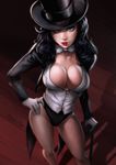  absurdres artist_name black_hair black_hat black_jacket blue_eyes bow bowtie breasts buttons cleavage closed_mouth coattails collarbone contrapposto dandon_fuga dc_comics fishnet_pantyhose fishnets from_above gloves groin hand_on_hip hat highres holding huge_filesize jacket large_breasts leotard lips lipstick long_sleeves looking_at_viewer looking_up makeup open_clothes open_jacket paid_reward pantyhose patreon_reward red_lipstick see-through shade shadow shirt smile solo standing thighs top_hat walking_stick watermark wavy_hair web_address white_bow white_gloves white_neckwear white_shirt wooden_floor zatanna_zatara 