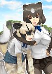  african_wild_dog_(kemono_friends) animal_ears bear_ears bear_girl bike_shorts black_hair blonde_hair blush breasts brown_bear_(kemono_friends) brown_eyes camouflage closed_eyes commentary_request denim denim_shorts dog_ears dog_tail elbow_gloves fingerless_gloves gloves hair_flaps kemono_friends large_breasts long_hair long_sleeves multicolored_hair multiple_girls open_mouth pantyhose sengoku_esuji short_hair shorts skirt tail 