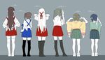  akagi_(kantai_collection) black_legwear blue_hair brown_hair d.y.x. flat_color from_behind gloves green_hair grey_background hakama_skirt headband height_chart height_difference hiryuu_(kantai_collection) japanese_clothes kaga_(kantai_collection) kantai_collection long_hair multiple_girls one_side_up partly_fingerless_gloves short_hair shoukaku_(kantai_collection) side_ponytail simple_background size_comparison souryuu_(kantai_collection) thighhighs twintails white_hair white_legwear wide_sleeves zuikaku_(kantai_collection) 