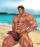  1boy abs bara beach beard coach cum erection facial_hair large_penis lifeguard male_focus muscle nipples outdoors pecs penis presenting san solo summer swimsuit testicles toto_(artist) undressing whistle 