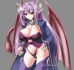  akazawa_red alma_elma bangs breast_tattoo breasts cape cleavage commentary_request demon_girl elbow_gloves gloves horns large_breasts long_hair mon-musu_quest! monster_girl pointy_ears purple_hair red_eyes revealing_clothes smile succubus tail tattoo thighhighs twitter_username wings 