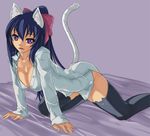  all_fours animal_band_legwear animal_ears black_legwear blue_hair bow breasts cat_band_legwear cat_ears cat_tail cleavage fang hair_bow highres large_breasts long_hair lunaismaiwaifu noihara_himari omamori_himari open_clothes open_mouth open_shirt ponytail purple_eyes shirt solo tail tail_raised thighhighs white_shirt 