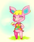  abstract_background animal_crossing bangs big_ears black_shirt blonde_hair blue_eyes bottomless cervine clothed clothing deer digital_media_(artwork) ear_piercing eating eyebrows eyelashes featureless_crotch female flat_chested food front_view fuchsia_(animal_crossing) full-length_portrait fur grass grin hair half-closed_eyes hand_on_hip holding_object hooves inner_ear_fluff kemono mammal nice-helium nintendo piercing pink_fur pink_hooves polka_dots portrait purple_nose semi-anthro shirt short_hair smile solo spread_legs spreading standing tank_top teeth video_games white_pupils 
