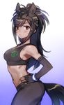  animal_ears arched_back bare_shoulders black_gloves black_hair blue_background blush breasts brown_eyes brown_thoroughbred_(kemono_friends) commentary contemporary cowboy_shot crop_top dark_skin detached_sleeves elbow_gloves fingerless_gloves gloves gradient gradient_background hands_on_hips horse_ears horse_girl horse_tail japan_racing_association kemono_friends logo long_hair looking_at_viewer medium_breasts midriff multicolored multicolored_background parted_lips sideboob solo sweatdrop tail yurizuka_(sergeant_heart) 