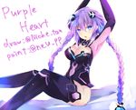  arms_up blue_eyes blush braid breasts cleavage gloves hair_ornament hinata_yuu_(atelierhinata) large_breasts leotard long_hair looking_at_viewer neptune_(series) purple_hair purple_heart simple_background sitting solo symbol-shaped_pupils thighhighs twin_braids very_long_hair 