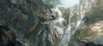  absurdres armor blue_eyes fake_horns fang highres july_(shichigatsu) looking_at_viewer open_mouth original scenery solo tree water waterfall 