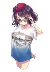  1girl bangs bespectacled black-framed_eyewear blue_eyes blush breasts fate/grand_order fate_(series) glasses hat katsushika_hokusai_(fate/grand_order) looking_at_viewer medium_breasts purple_hair simple_background solo standing white_background yuemanhuaikong 
