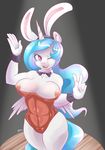  2016 absurd_res anthro anthrofied areola big_breasts bow_tie breasts bunny_costume clothing costume equine fake_ears fake_rabbit_ears feathered_wings feathers female friendship_is_magic glacierclear hair hi_res horn long_hair mammal multicolored_hair my_little_pony nipples one_eye_closed open_mouth open_smile princess_celestia_(mlp) purple_eyes simple_background smile solo v_sign white_feathers winged_unicorn wings wink 