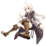  ahoge boots brown_footwear floating highres knee_boots long_hair purple_eyes shinori_(efvbji6264) shorts smile solo thighhighs very_long_hair white_background white_hair white_legwear zero_(zero_kara_hajimeru_mahou_no_sho) zero_kara_hajimeru_mahou_no_sho 