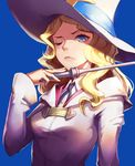 blonde_hair blue_eyes diana_cavendish eyebrows_visible_through_hair hat holding holding_wand little_witch_academia long_hair looking_at_viewer mool_yueguang one_eye_closed solo upper_body wand white_hat 