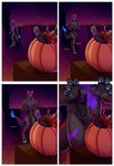  anthro candies canine celeste_(artist) claws digital_media_(artwork) digital_painting_(artwork) english_text food fruit male mammal nude outside pumpkin sneaky sweets text walking wolf yard 