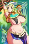  1girl alternate_costume armlet aztec bangs blonde_hair breasts closed_mouth curvy dragon_horns eyebrows_visible_through_hair gradient_hair green_eyes green_hair grey_eyes hat heterochromia horns huge_breasts kobayashi-san_chi_no_maidragon loincloth long_hair looking_at_viewer multicolored_hair navel one_arm_up quetzalcoatl_(maidragon) redrabbu smile snake solo thick_thighs thighs underboob unusual_pupils wide_hips yellow_eyes 