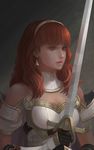  armor breastplate celica_(fire_emblem) earrings fire_emblem fire_emblem_echoes:_mou_hitori_no_eiyuuou fire_emblem_gaiden gloves holding holding_sword holding_weapon jewelry lips medium_hair red_eyes red_hair solo sword upper_body weapon yagaminoue 