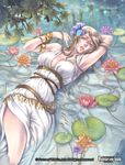  bare_shoulders blonde_hair blue_eyes bracelet breasts cleavage copyright_name curly_hair dress feet_out_of_frame flower force_of_will hair_flower hair_ornament jewelry kamijororo large_breasts leaf lily_(flower) lily_pad long_hair official_art open_mouth solo teeth water 