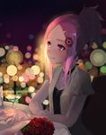  adjusting_ring anemone_(eureka_seven) bangs blurry bokeh bouquet bracelet breasts cherry choker cocktail cocktail_glass commentary_request cup depth_of_field dress drinking_glass eureka_seven eureka_seven_(series) flower food fruit hair_flower hair_ornament hairclip heart heart_necklace highres indoors jewelry light_smile looking_to_the_side nail_polish necklace out_of_frame parted_bangs pink_eyes pink_hair pink_nails ponytail poppy_(flower) putting_on_jewelry red_flower red_rose ring rose short_hair short_sleeves sidelocks sitting small_breasts solo_focus sunga2usagi table wedding_band 